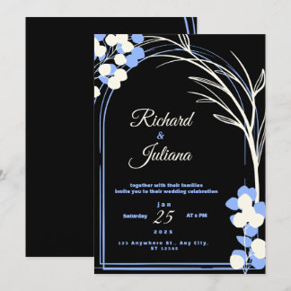 Black and white wedding invitation with blue flowe