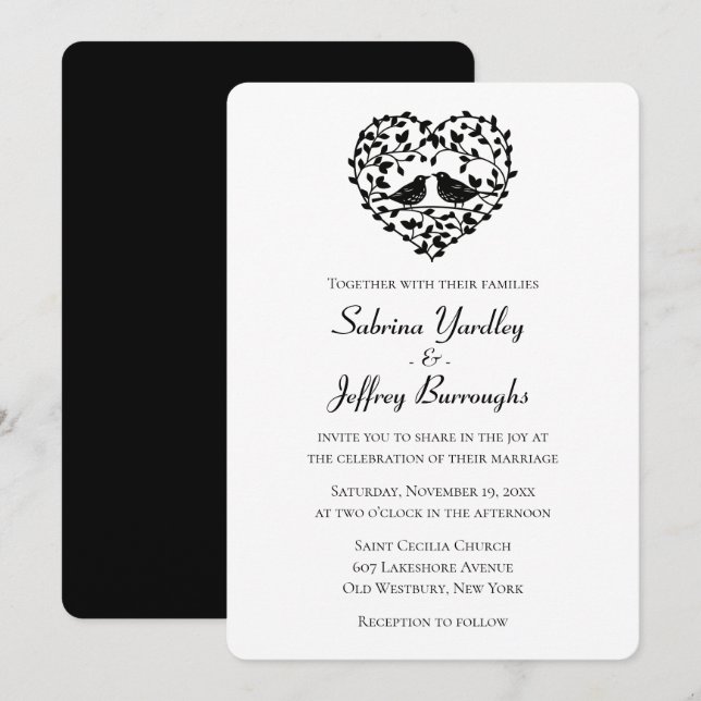 Black And White Wedding Lovebirds Floral Heart Invitation (Front/Back)