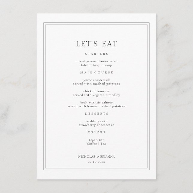 Black and White Wedding  Menu (Front)
