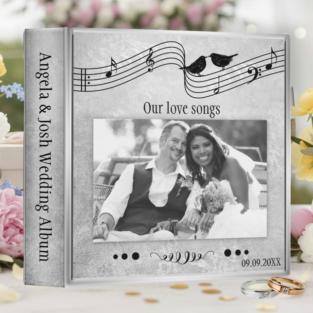 Black and White Wedding Photo Music Binder (Wedding binder featuring your custom photo with musical notes and singing love birds)