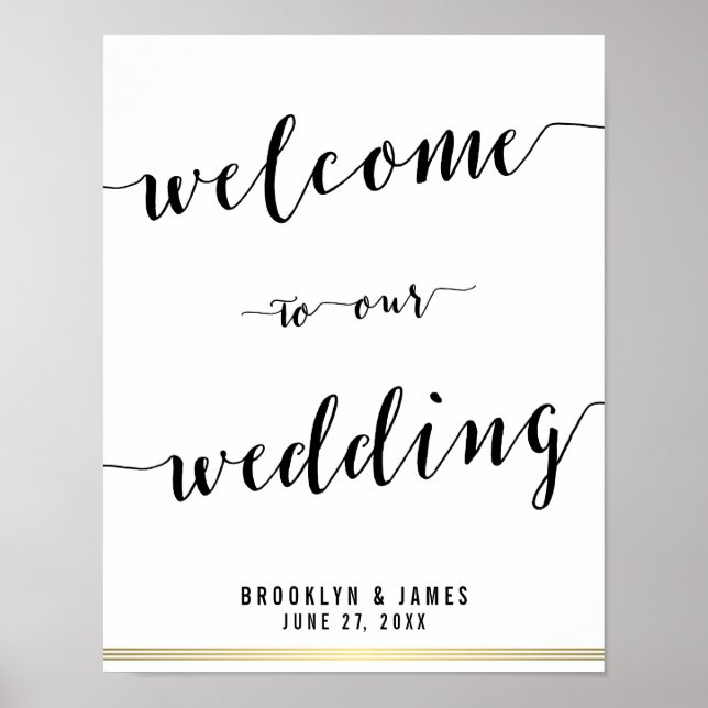 Black And White Wedding Reception Sign Gold Lines (Front)