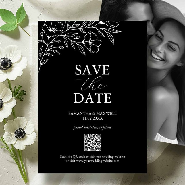 Black And White Wedding Save The Dates Save The Date (Black and white wedding save the dates with photo and white anemone flowers by Do Tell A Belle)