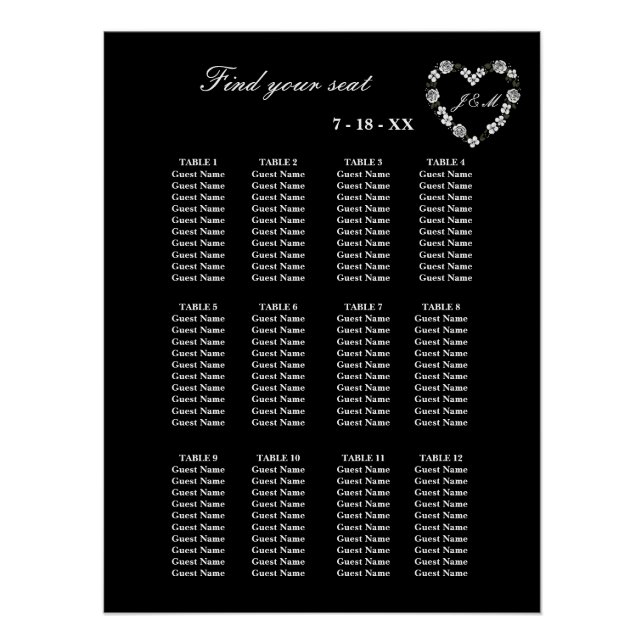 Black and White Wedding Seating Chart 12 Tables (Front)