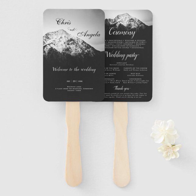 Black and white wedding under the mountains hand fan (Front and Back)