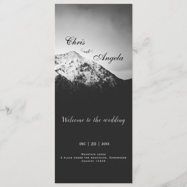Black and white wedding under the mountains program (Front)