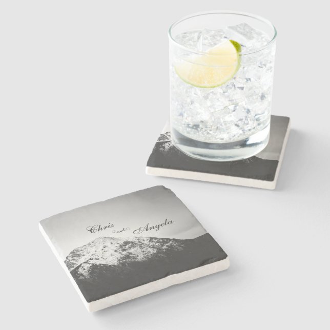 Black and white wedding under the mountains stone coaster (Side)