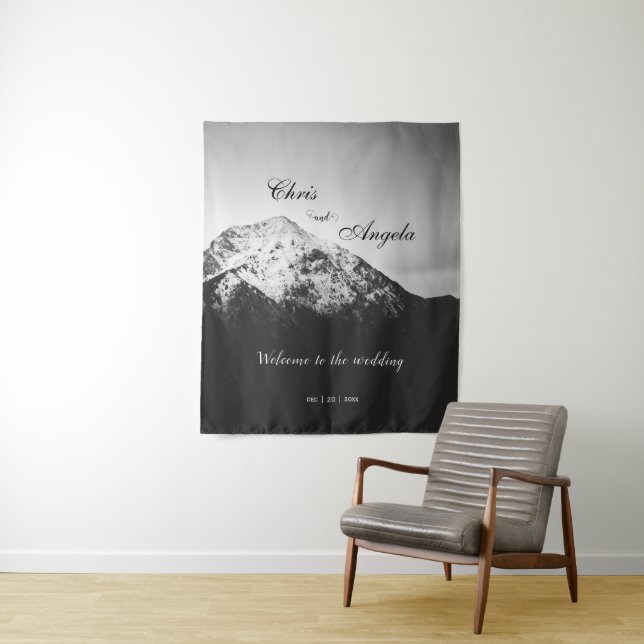 Black and white wedding under the mountains tapestry (In Situ)