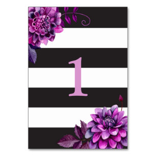 Black and white wedding. Watercolor purple floral Table Number