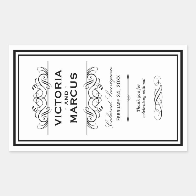Black and White Wedding Wine Bottle Monogram Favou Sticker (Front)