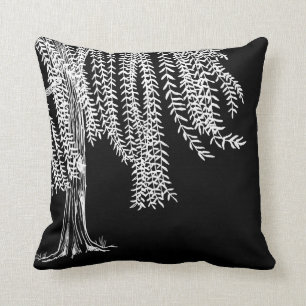 Black and white Weeping Willow Tree Throw Pillow