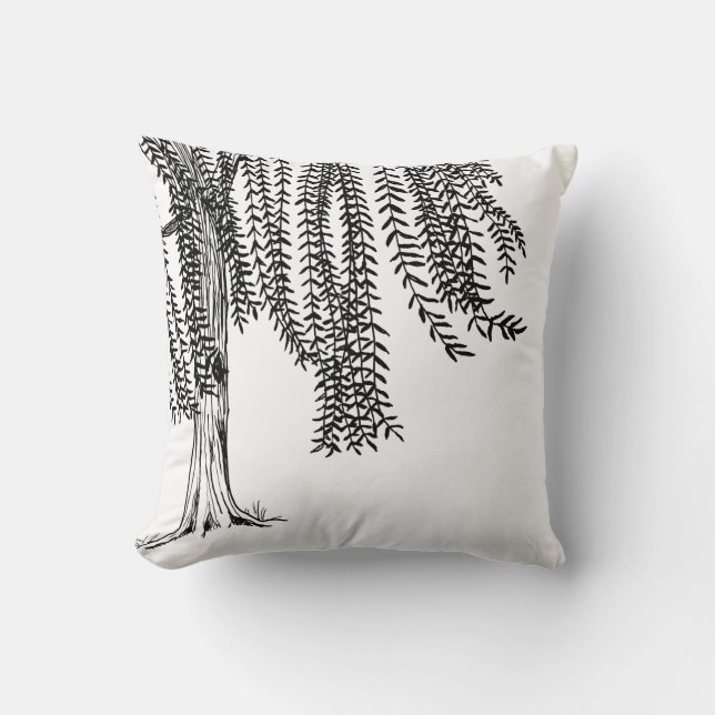 Black and white Weeping Willow Tree Throw Pillow (Front)
