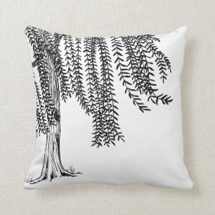 Black and white Weeping Willow Tree Throw Pillow