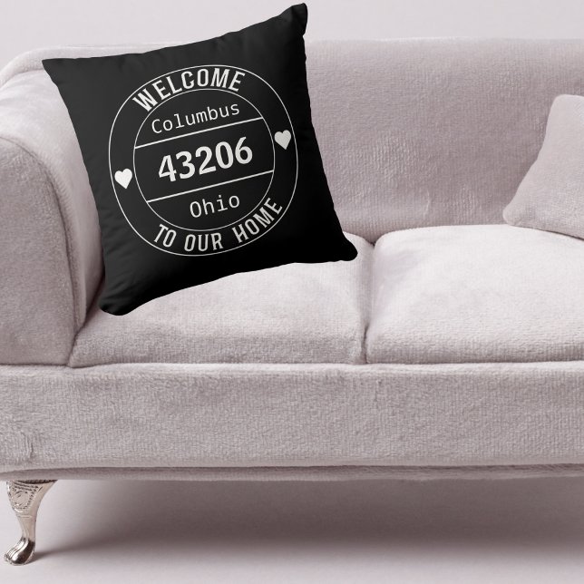 Black and White Welcome to Our Home Zip Code  Throw Pillow (Creator Uploaded)