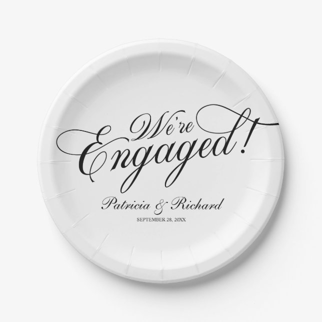 Black And White We're Engaged Engagement Party Paper Plate (Front)
