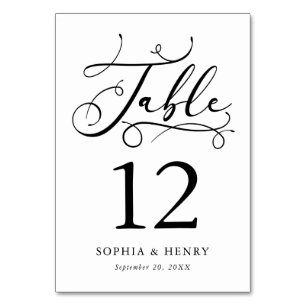 Black and White Whimsical Calligraphy Table Number