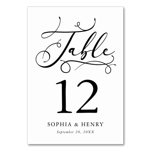 Black and White Whimsical Calligraphy Table Number (Front)