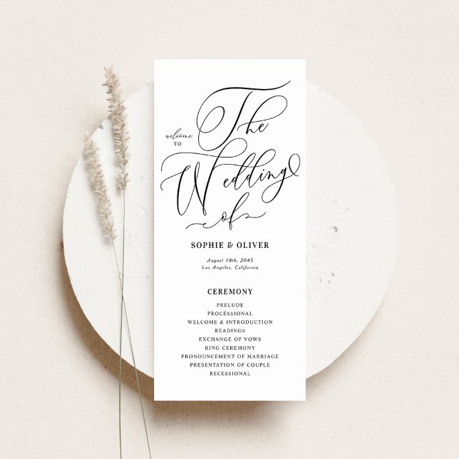 Black and White Whimsical Calligraphy Wedding Program (Featuring the beautiful Whimsical Calligraphy Wedding Programs Card.)