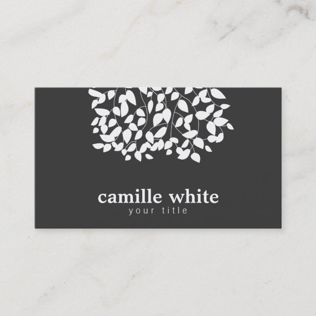 Black and White Whimsical Leaves Business Card (Front)
