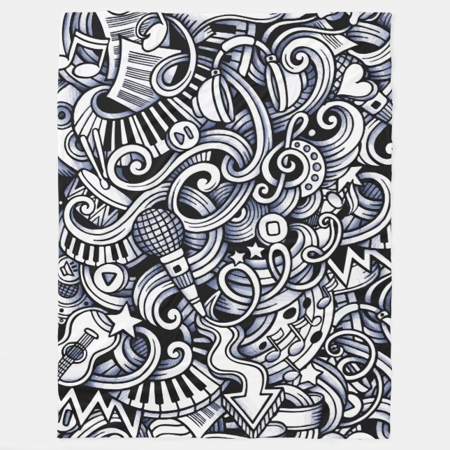 Black and white whimsical music themed fleece blanket (Front)
