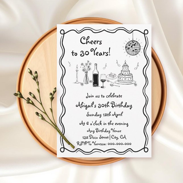 Black and white whimsical retro scribble birthday invitation (Creator Uploaded)