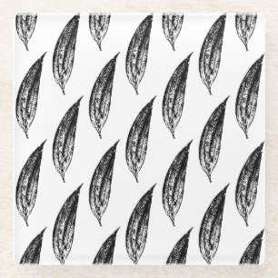 Black and White White Lily Leaf Print Glass Coaster