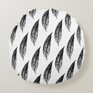 Black and White White Lily Leaf Print Round Pillow
