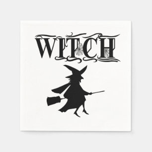 Black And White Wicked Flying Witch Halloween Napkin