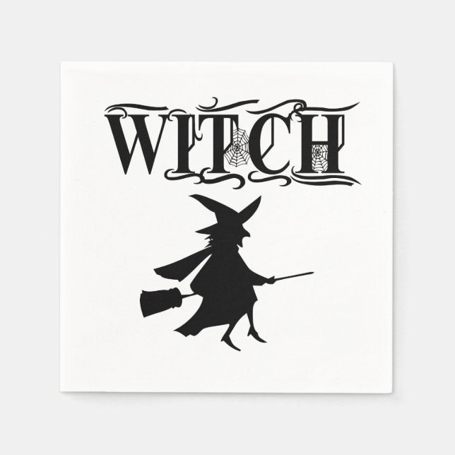 Black And White Wicked Flying Witch Halloween Napkin (Front)