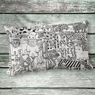 Black and White Wild Animals Hand Drawn Art Lumbar Pillow
