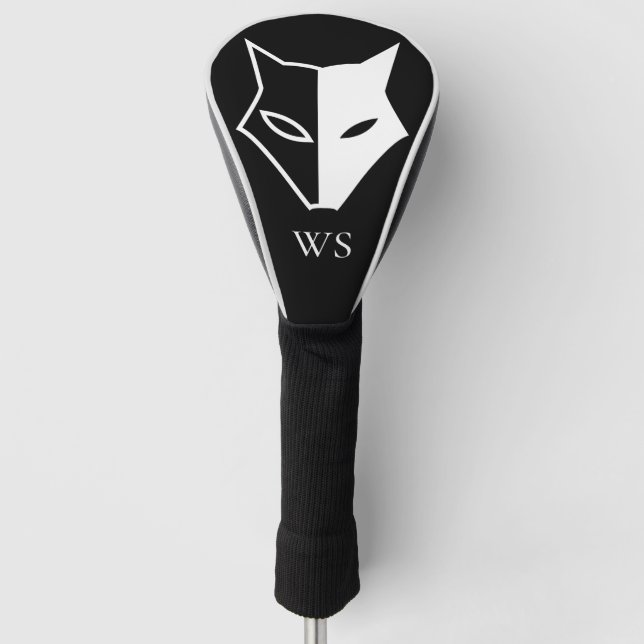 Black and White Wild Fox Head Monogram Initial Golf Head Cover (Front)