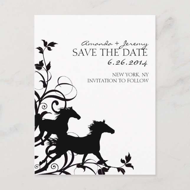 Black and White Wild Horses Save the Date Announcement Postcard (Front)