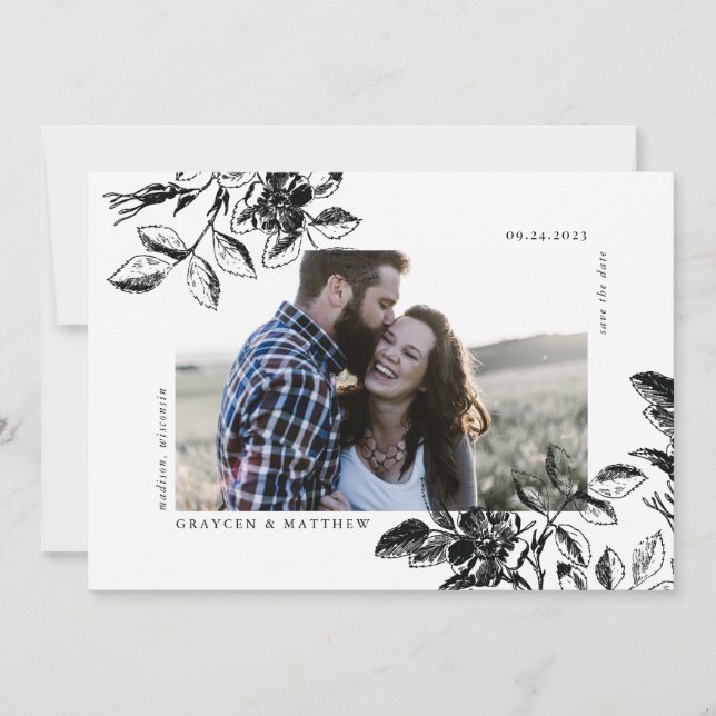 Black and White Wild Rose Modern Elegance Save The Date (Front)