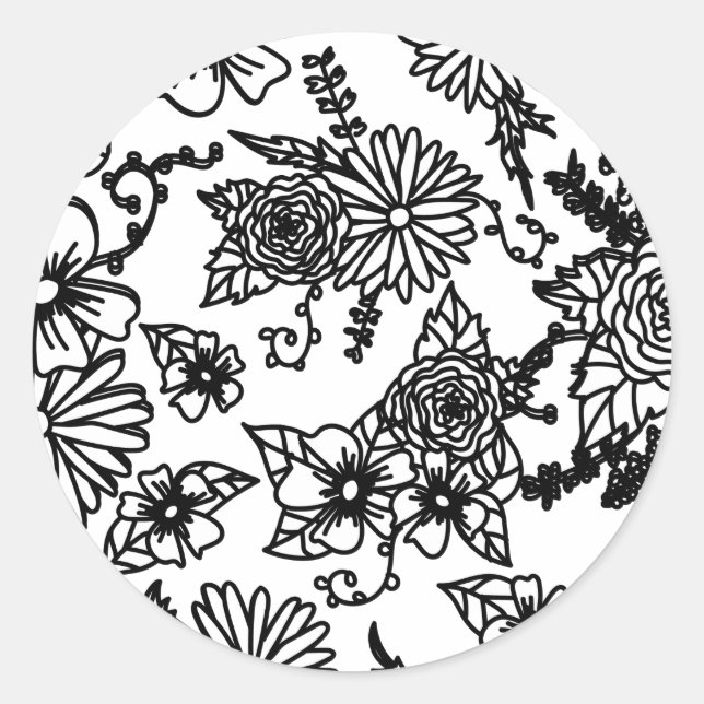 Black and White Wildflower Round Sticker (Front)
