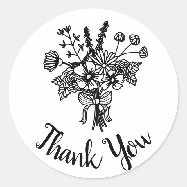 Black and White Wildflower Thank You Sticker (Front)