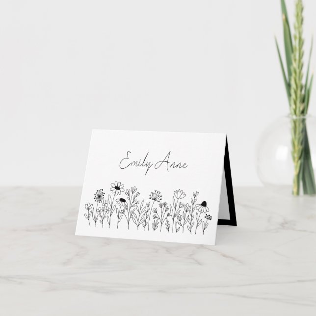 Black and White Wildflowers Line Drawing Flowers Card (Front)