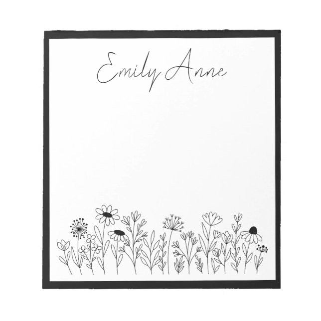 Black and White Wildflowers Line Drawing Flowers Notepad (Front)