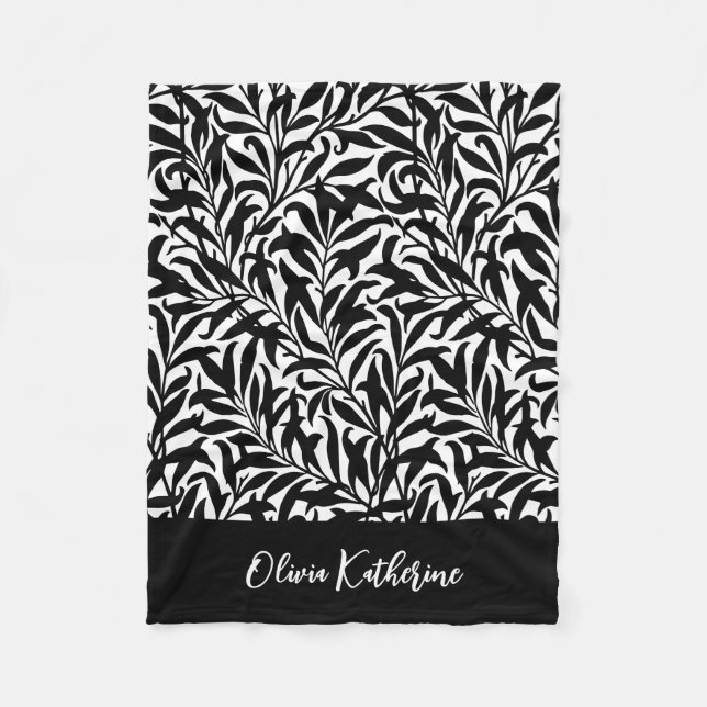 Black and White Willow Bough Monogrammed Fleece Blanket (Front)