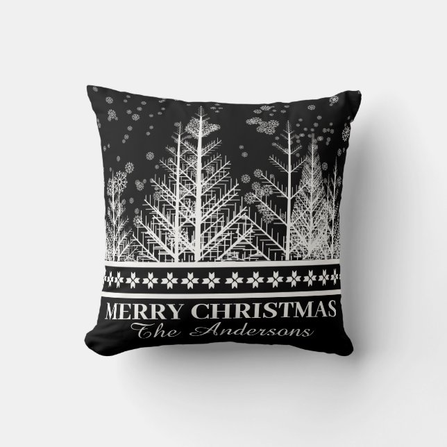 Black and White Winter Scene Holiday Throw Pillow (Front)