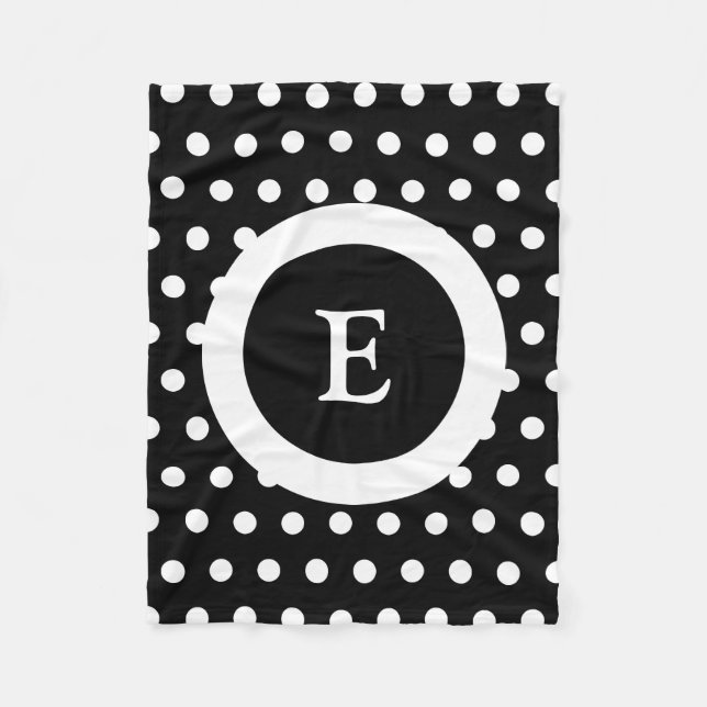 Black and white with dots and initial of name fleece blanket (Front)