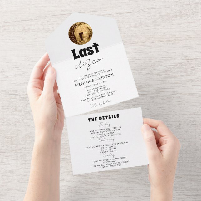 Black and White with Gold Last Disco Bachelorette  All In One Invitation (Tearaway)