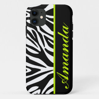 Black and White with Green Zebra Custom Name iPhone 11 Case
