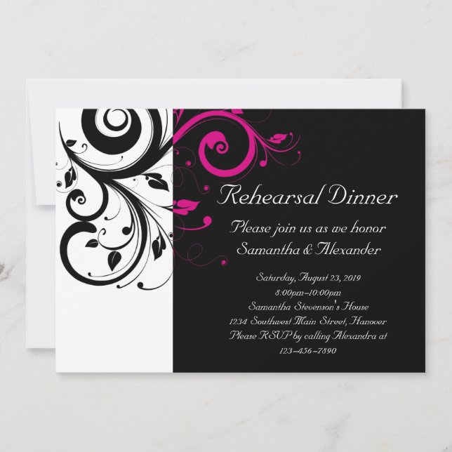 Black and White with Magenta Swirl Accent Invitation (Front)