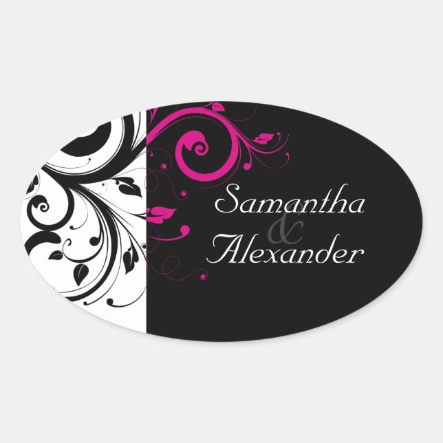 Black and White with Magenta Swirl Accent Oval Sticker (Front)
