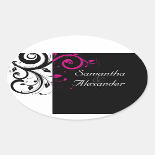 Black and White with Magenta Swirl Accent Oval Sticker