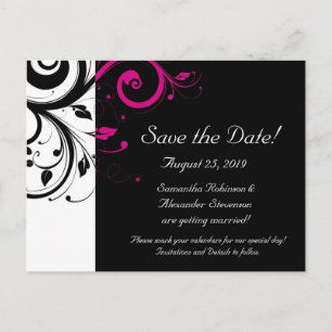Black and White with Magenta Swirl Save the Date Announcement Postcard