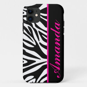 Black and White with Pink Zebra Custom Name iPhone 11 Case