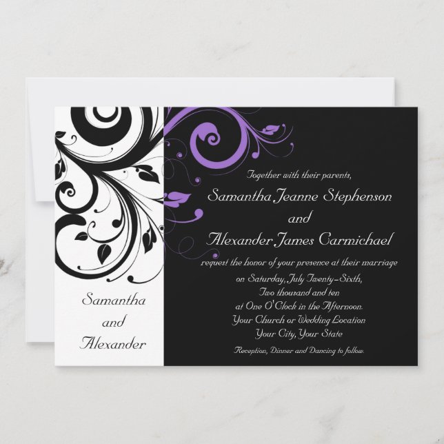 Black and White with Purple Swirl Accent Invitation (Front)