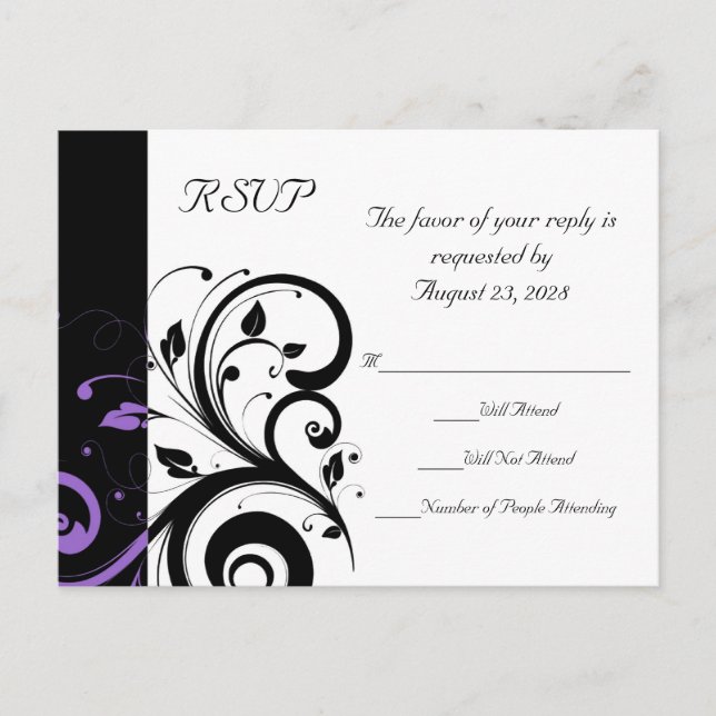 Black and White with Purple Swirl Accent Invitation Postcard (Front)