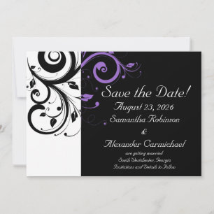Black and White with Purple Swirl Accent Save The Date