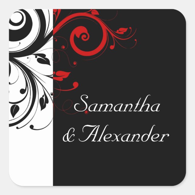 Black and White with Red Reverse Swirl Square Sticker (Front)